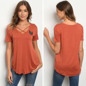 🆕 Rust Chevron Patch Strappy V-Neck Top